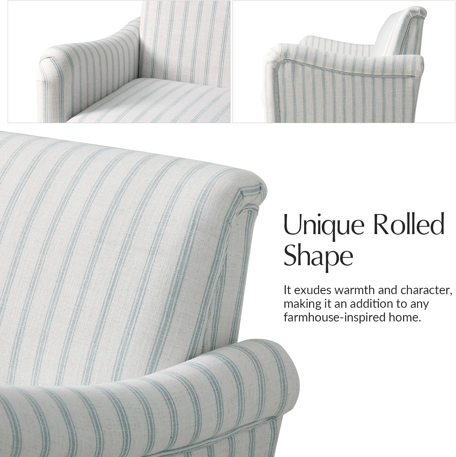 Farmhouse Loveseat, Striped Linen Sofa with Solid Wood Spindle Legs, Small Space Couch for Living Room