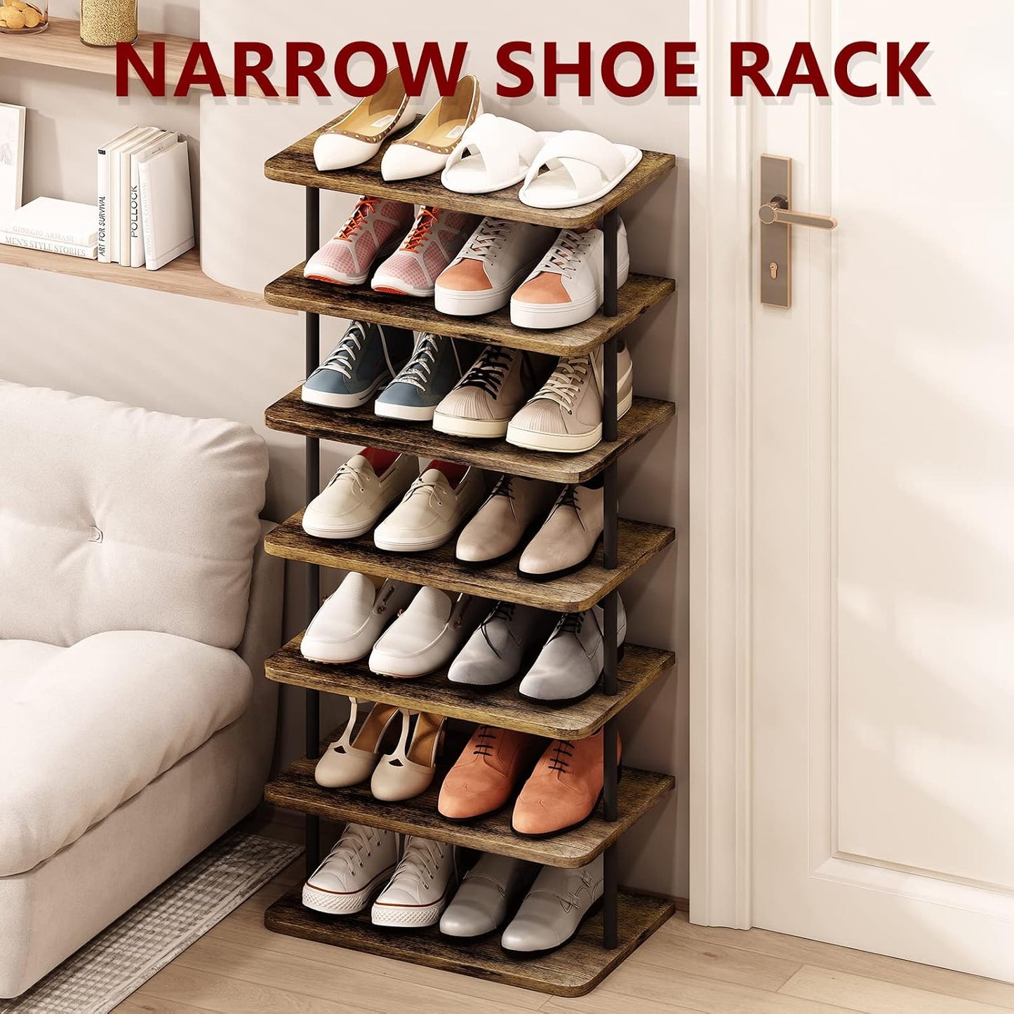 7 Tier Shoe Rack Organizer, Narrow Vertical Shoe Storage Shelf, MDF Shoe Tower for Entryway & Closet