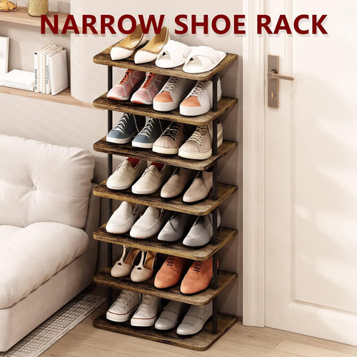 7 Tier Shoe Rack Organizer, Narrow Vertical Shoe Storage Shelf, MDF Shoe Tower for Entryway & Closet