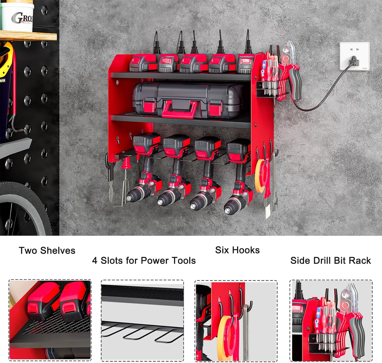 Wall Mount Power Tool Organizer with Charging Station, 8 Outlet Tool Storage Rack with Hooks & Drill Bit Holder