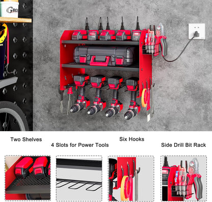 Wall Mount Power Tool Organizer with Charging Station, 8 Outlet Tool Storage Rack with Hooks & Drill Bit Holder