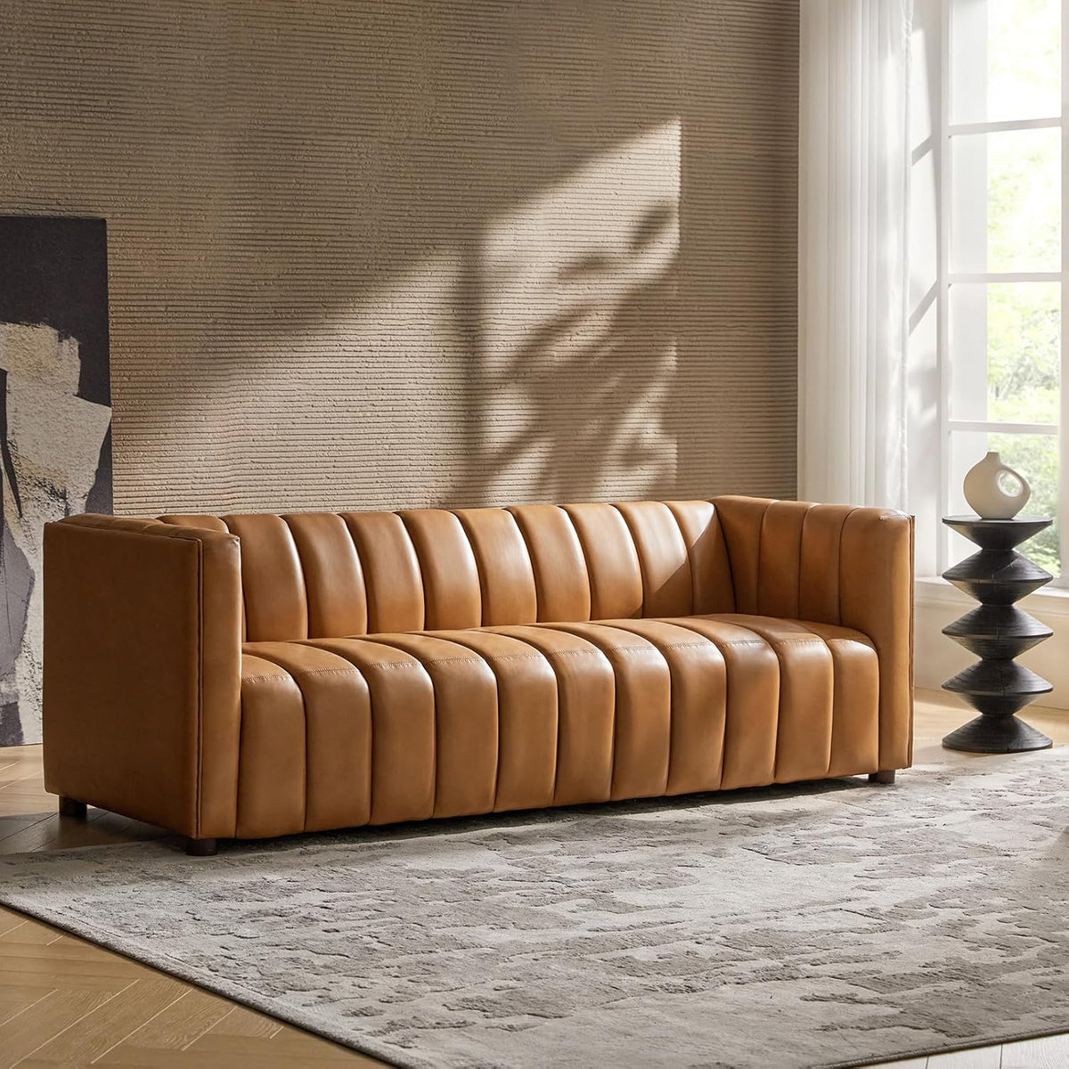 Genuine Leather Sofa, 3-Seater Couch with Channel Tufted Backrest & Wood Legs, Modern Living Room Sofa