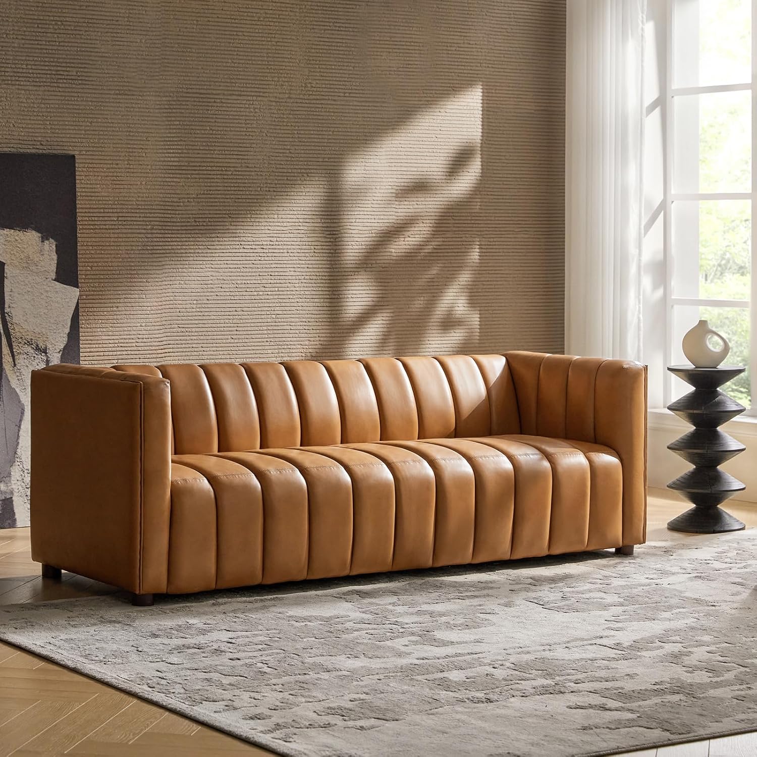 Genuine Leather Sofa, 3-Seater Couch with Channel Tufted Backrest & Wood Legs, Modern Living Room Sofa