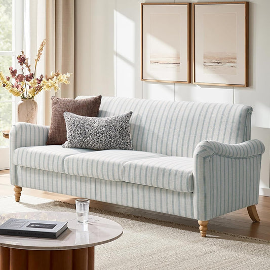 Farmhouse Loveseat, Striped Linen Sofa with Solid Wood Spindle Legs, Small Space Couch for Living Room