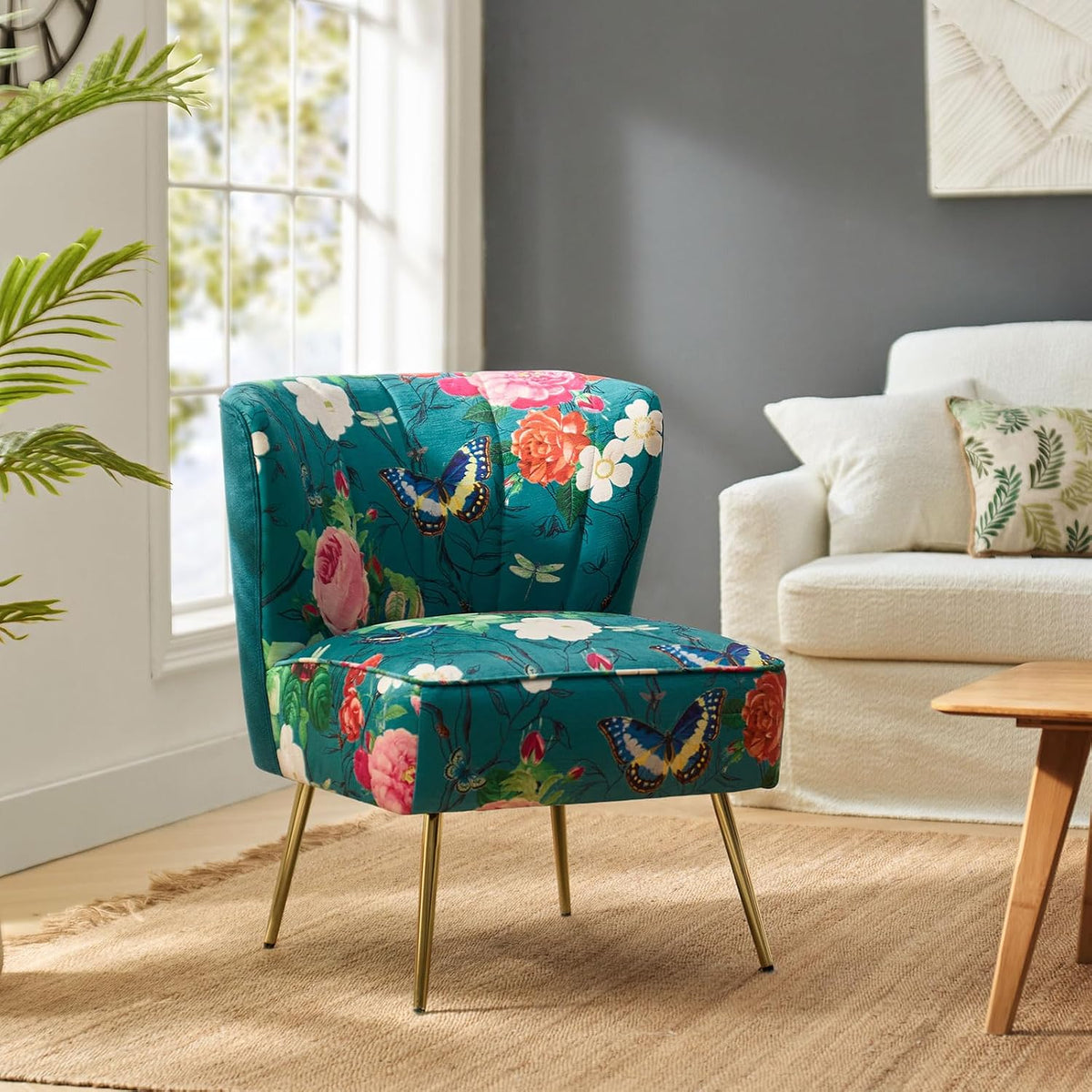 Floral Accent Chair, Upholstered Armless Slipper Chair with Gold Metal Legs, Modern Living Room Chair