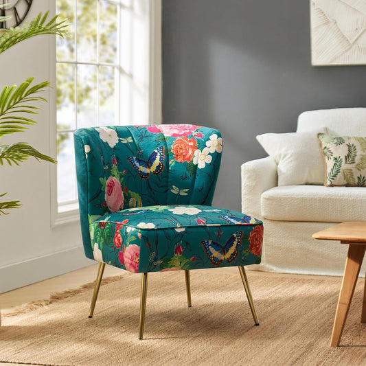 Floral Accent Chair, Upholstered Armless Slipper Chair with Gold Metal Legs, Modern Living Room Chair