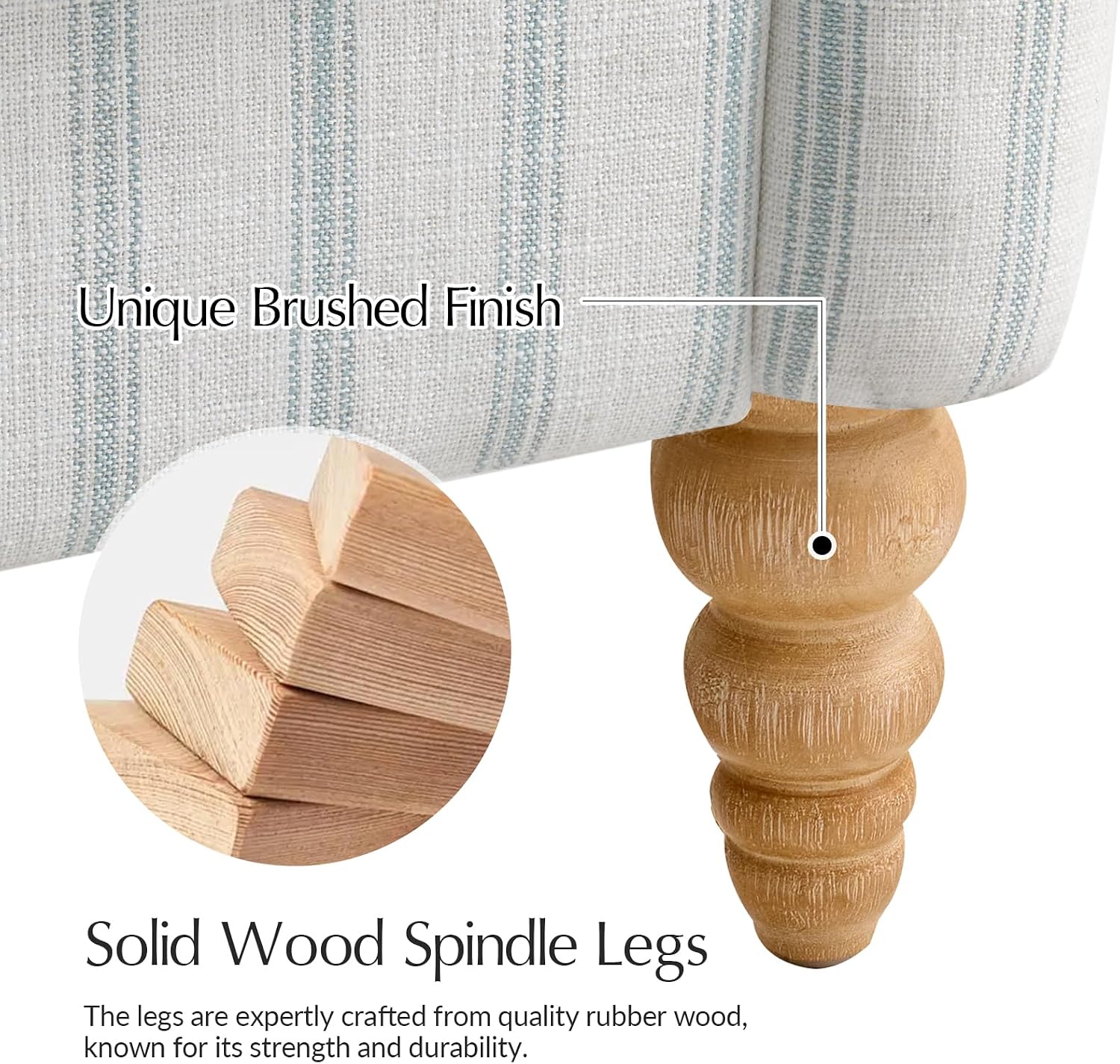 Farmhouse Loveseat, Striped Linen Sofa with Solid Wood Spindle Legs, Small Space Couch for Living Room
