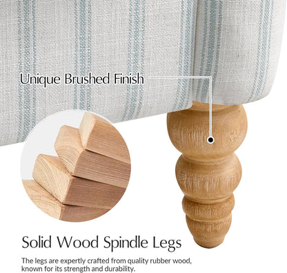 Farmhouse Loveseat, Striped Linen Sofa with Solid Wood Spindle Legs, Small Space Couch for Living Room