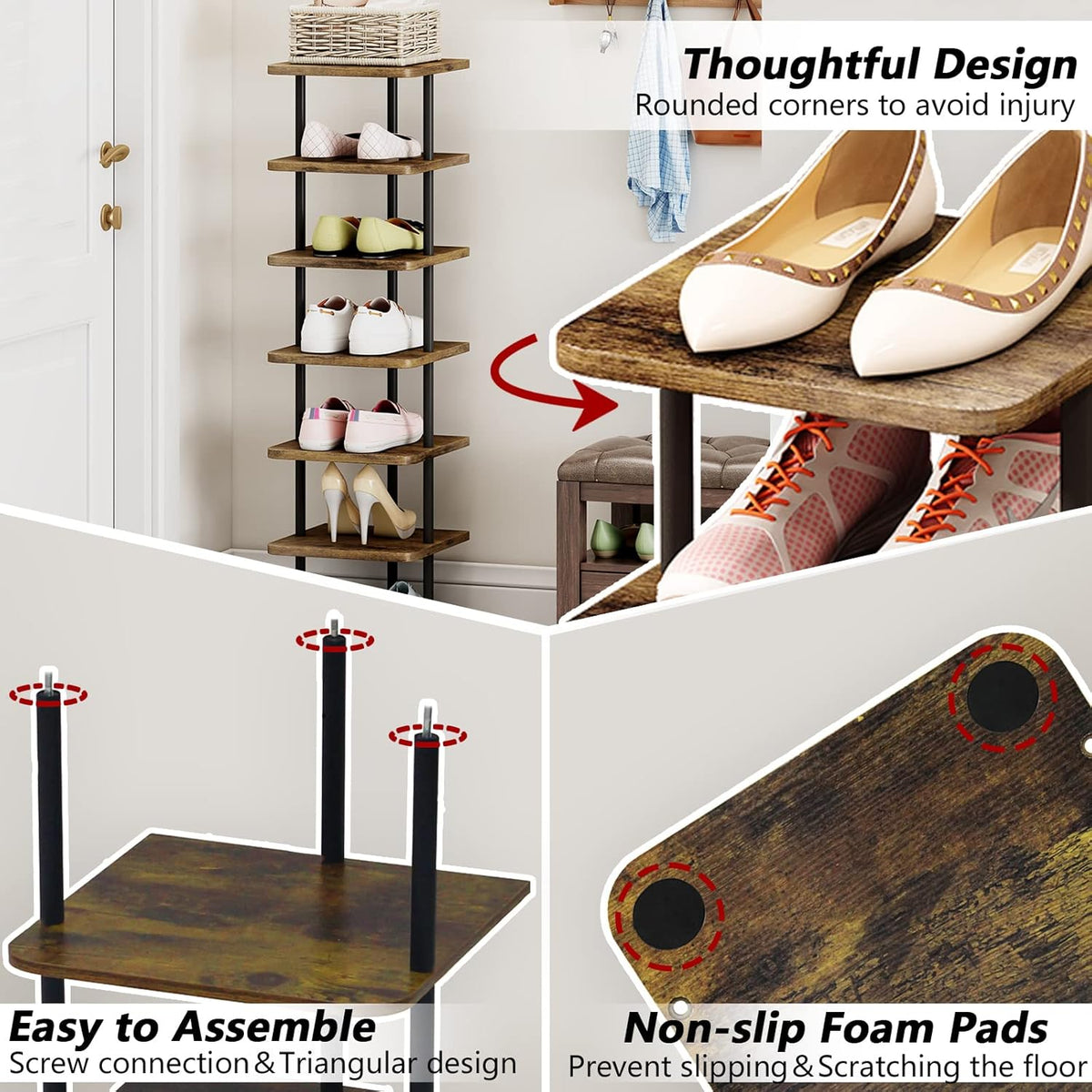 7 Tier Shoe Rack Tower, Narrow Vertical Shoe Organizer, MDF Shoe Storage Shelf for Closet & Entryway