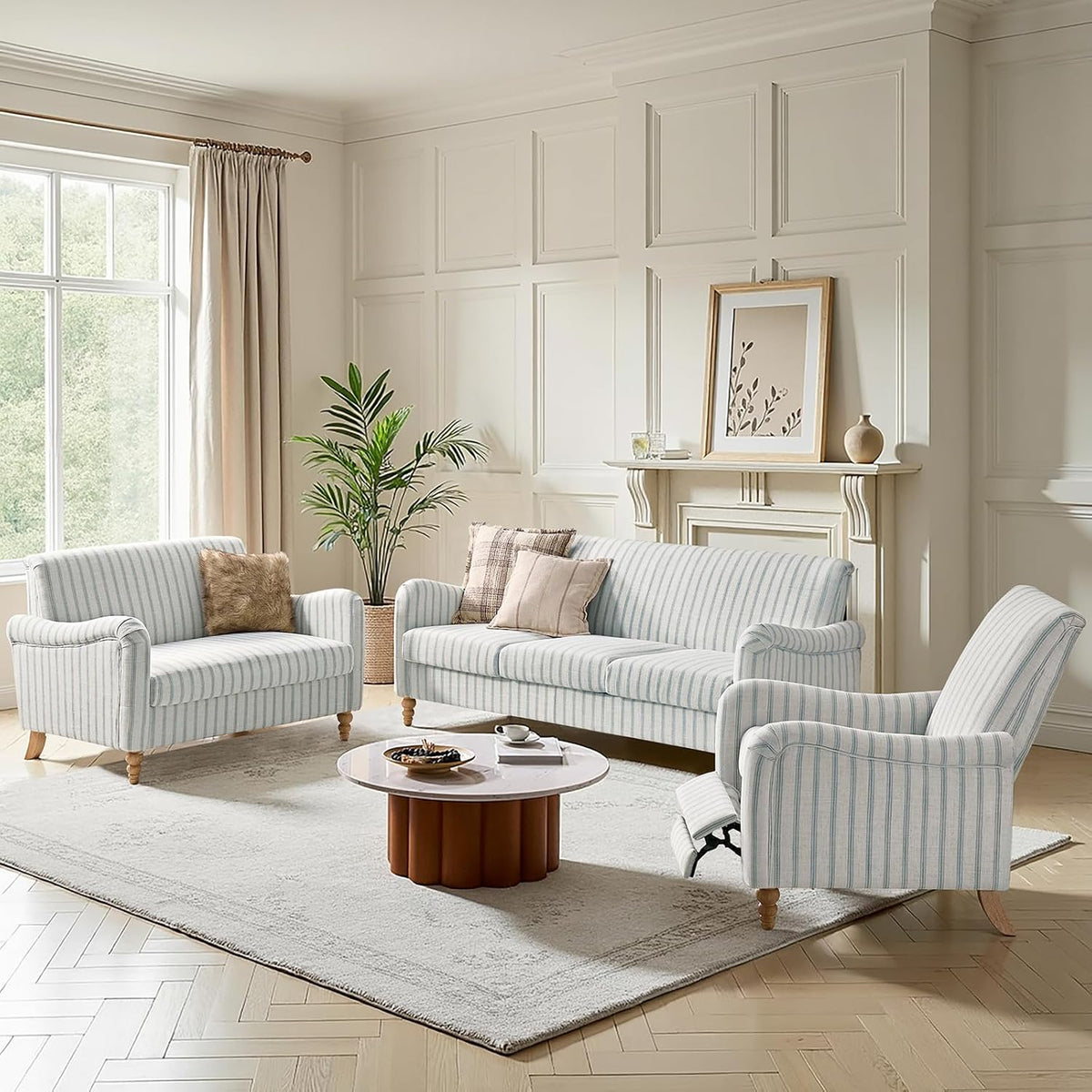 Farmhouse Loveseat, Striped Linen Sofa with Solid Wood Spindle Legs, Small Space Couch for Living Room