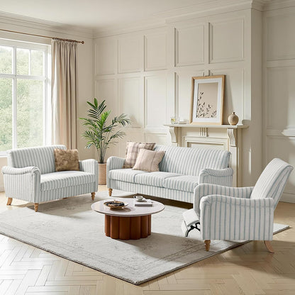 Farmhouse Loveseat, Striped Linen Sofa with Solid Wood Spindle Legs, Small Space Couch for Living Room