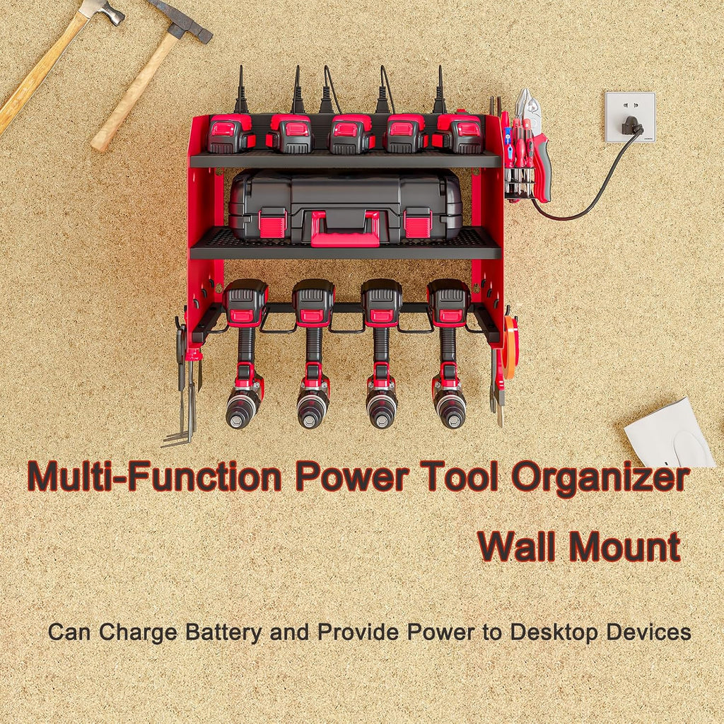 Wall Mount Power Tool Organizer with Charging Station, 8 Outlet Tool Storage Rack with Hooks & Drill Bit Holder
