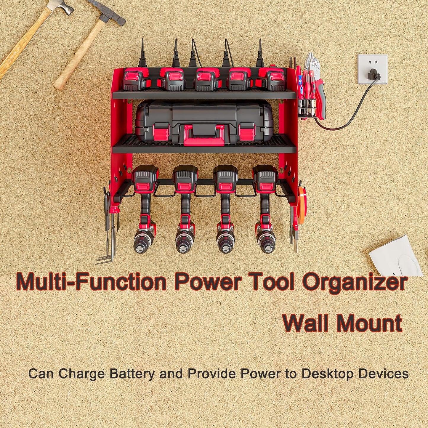 Wall Mount Power Tool Organizer with Charging Station, 8 Outlet Tool Storage Rack with Hooks & Drill Bit Holder