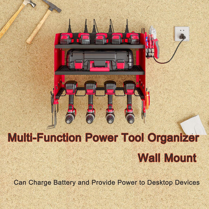 Wall Mount Power Tool Organizer with Charging Station, 8 Outlet Tool Storage Rack with Hooks & Drill Bit Holder